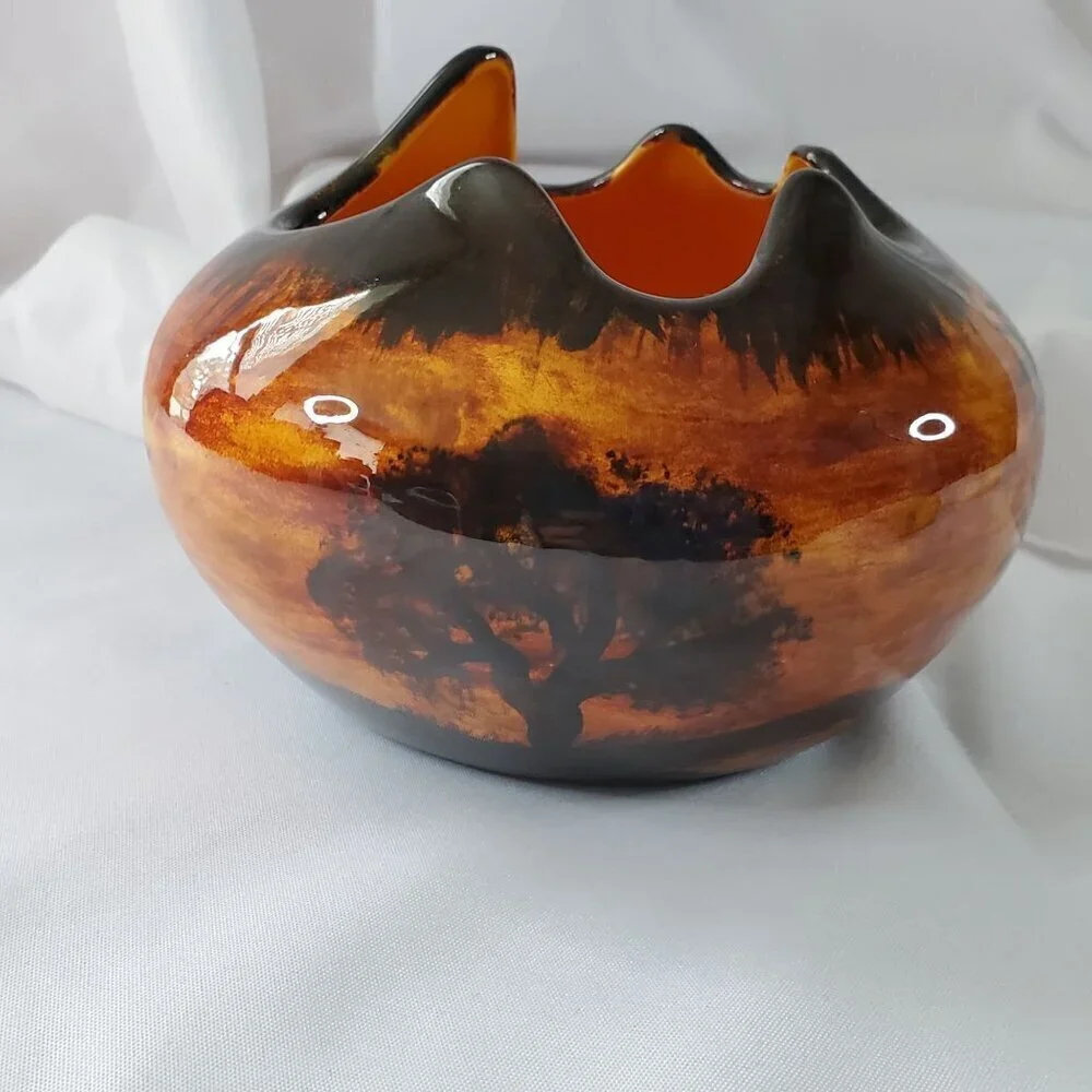 Vintage 1980s Art Pottery Planter Desert Landscape & Palm Tree Design Signed